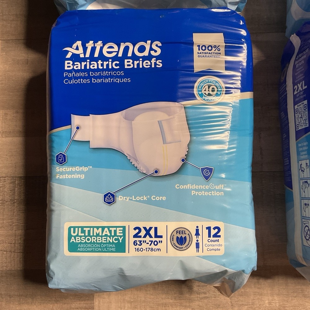 2 Packages - 24 Attends Bariatric Adult Brief 2XL 12‎ Count Ea Heavy Absorbency